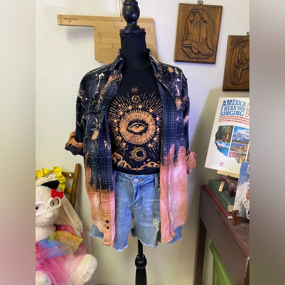 Upcycle Bleach Splatter Flannel + Whimsigoth Tee + Shorts Outfit S/M Grunge Look